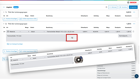 Screenshot einer Produktliste mit Details zu Materialien und Preisen, farbig und strukturiert.