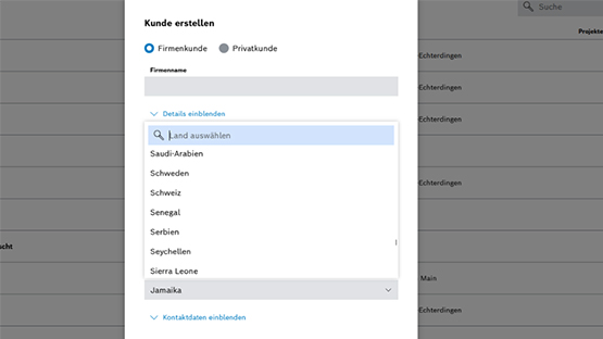 Ein Bildschirm zeigt ein Formular zur Kundenerstellung mit Optionen für Länder und Typen (Firmenkunde, Privatkunde).