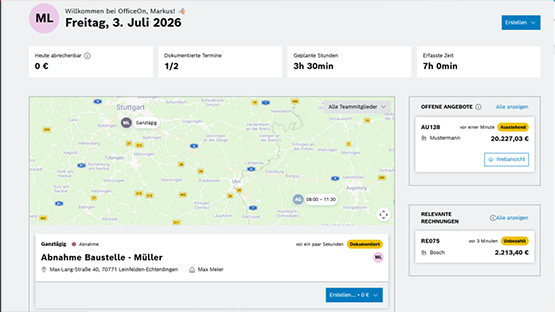 Screenshot einer digitalen Projektmanagement-Oberfläche mit einer Karte von Stuttgart und Termindetails.