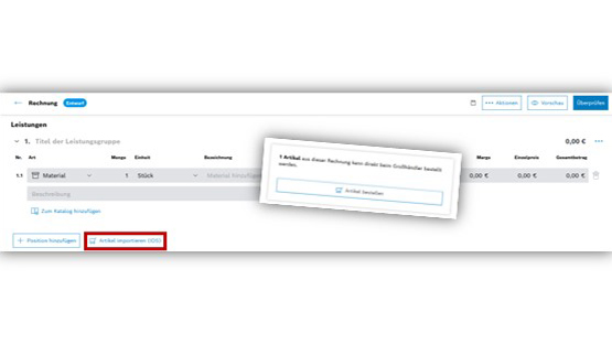 Screenshot einer Rechnungssoftware mit Eingabefeldern und einer Materialübersicht.