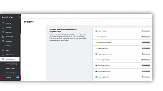 Screenshot einer Projektmanagement-Oberfläche mit Links zur Navigation und Projektstatus.