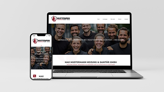 Ein Laptop und ein Smartphone zeigen eine Website mit lächelnden Menschen im Hintergrund.