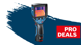 Bosch Professional Wärmebildkamera auf blauem Hintergrund, Werbung.