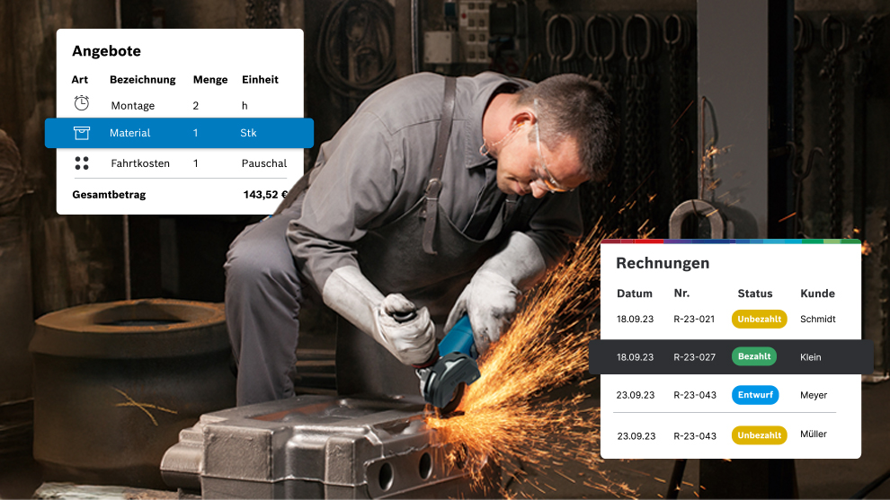 Ein Handwerker schneidet Metall, Funken sprühen, im Hintergrund Werkstatt mit Werkzeugen.