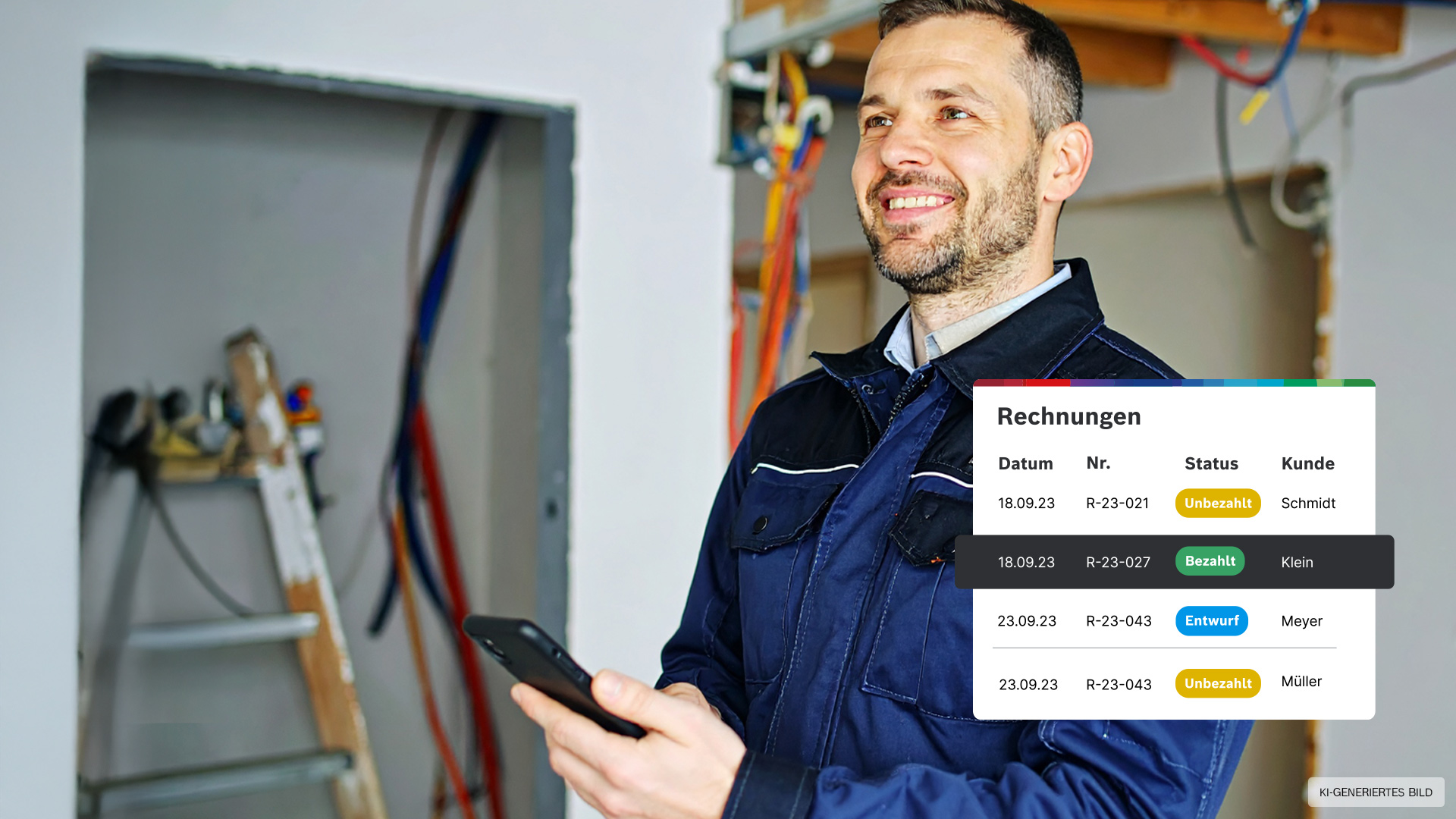 Ein Handwerker in blauer Arbeitskleidung lächelt und hält ein Smartphone in der Hand. Im Hintergrund sind Leitungen und eine Leiter sichtbar. Auf dem Smartphone sind Rechnungen angezeigt.