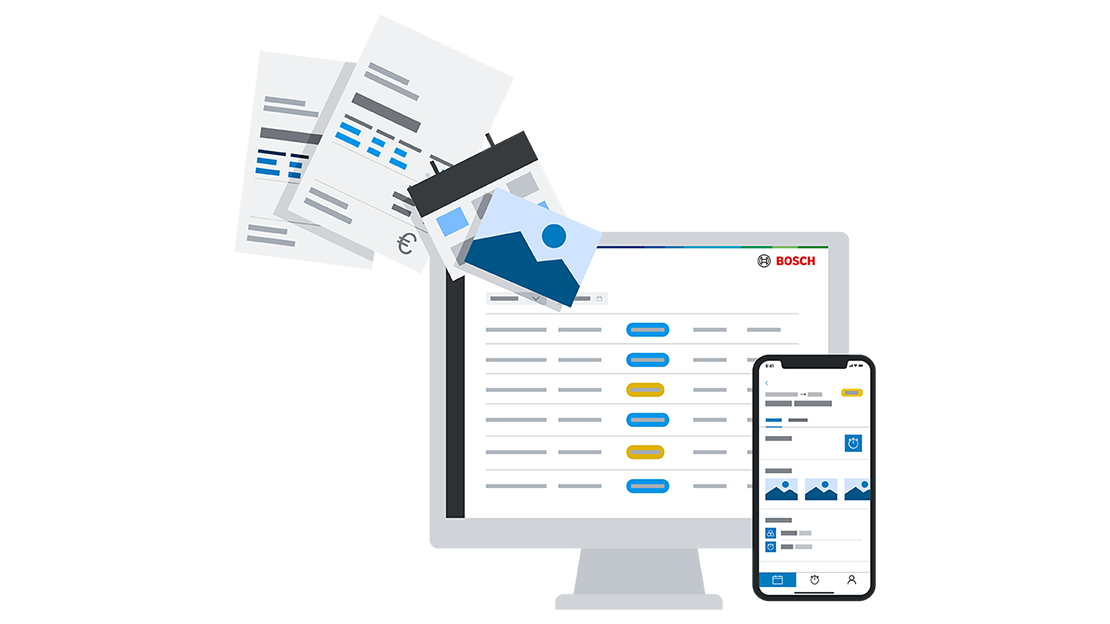 Ein Computerbildschirm zeigt eine Bosch Professional Webseite mit Dokumenten.