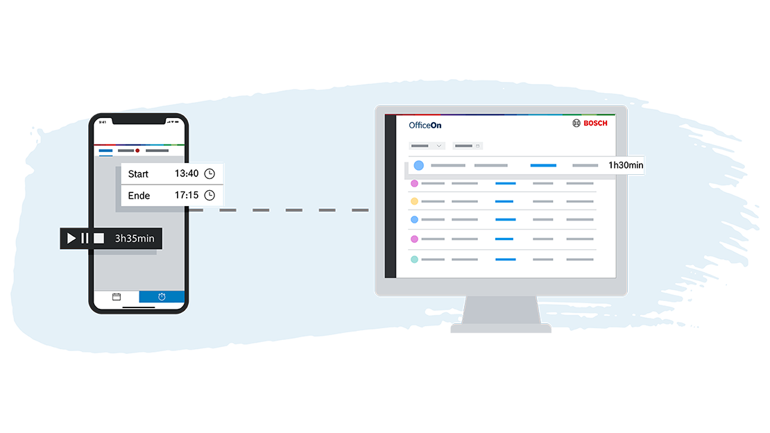 Ein Smartphone zeigt eine Zeiterfassungs-App neben einem Computerbildschirm.