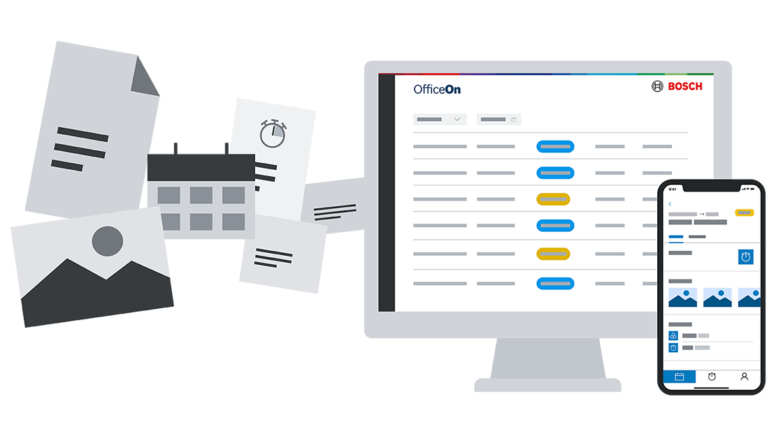 Bosch OfficeOn on computer and smartphone with stacks of paper in the background.