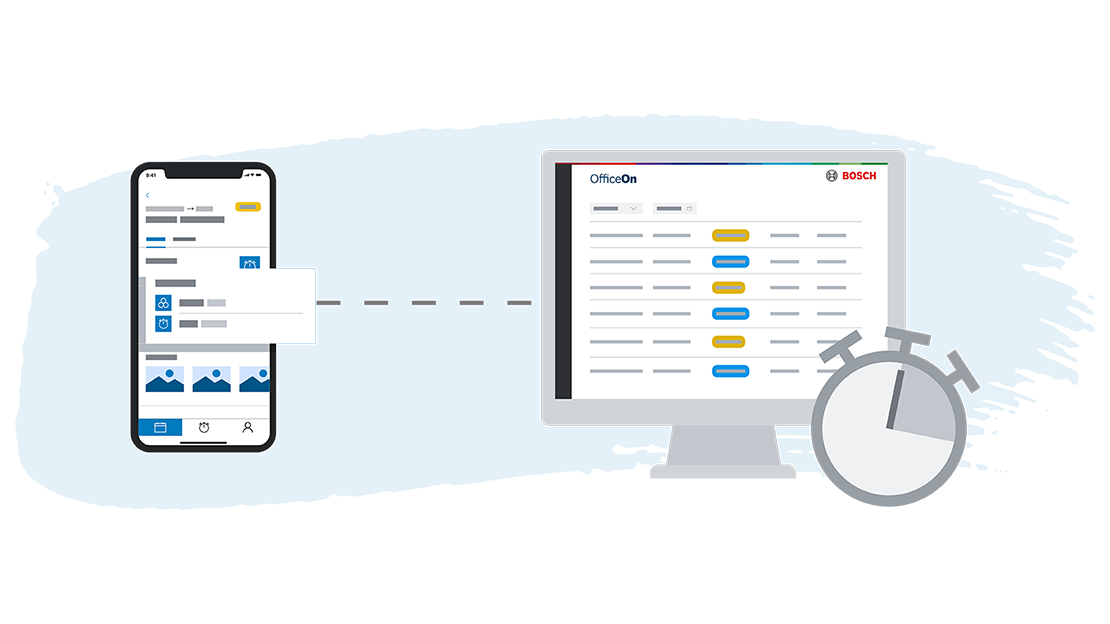 Smartphone and computer show Bosch OfficeOn app with timer.