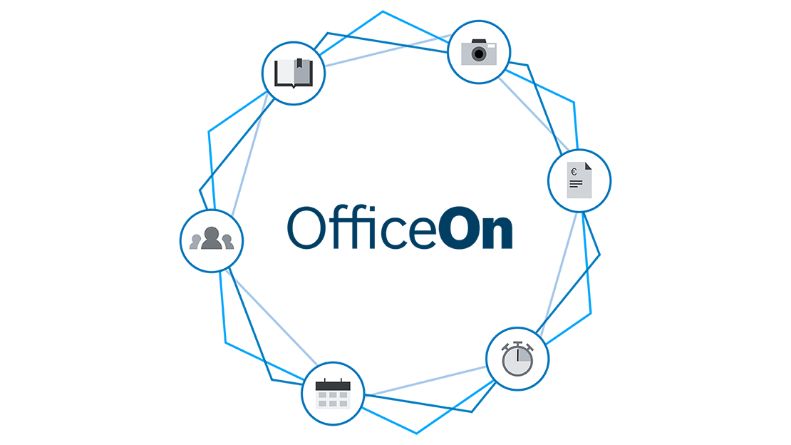 Graphic with blue backgrounds and symbols for tasks and planning.