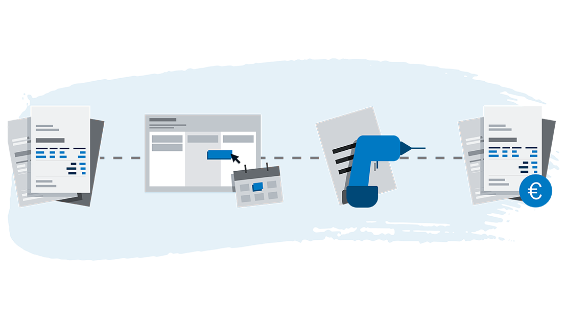 Grafische Darstellung eines digitalen Prozesses mit Dokumenten und Kalender.
