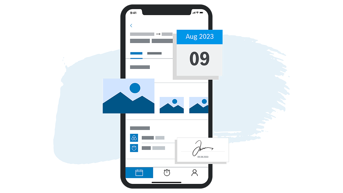 Ein Smartphone zeigt eine Benutzeroberfläche mit Bildern und Kalender.