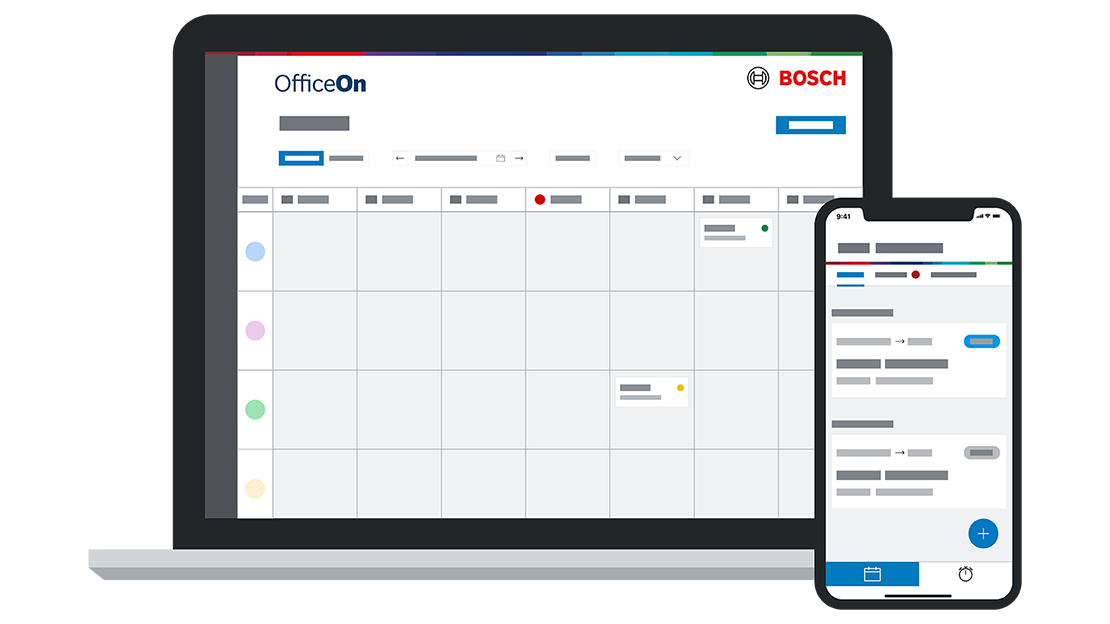 Zwei Bildschirmansichten der OfficeOn-App von Bosch, Desktop und Smartphone.