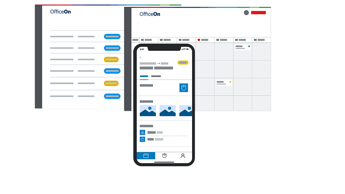 A smartphone and desktop view of OfficeOn with calendar.