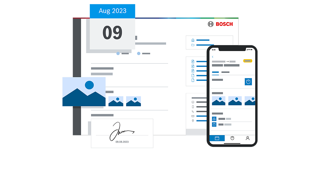 Ein Smartphone zeigt eine App mit blauen Icons und Bildern.