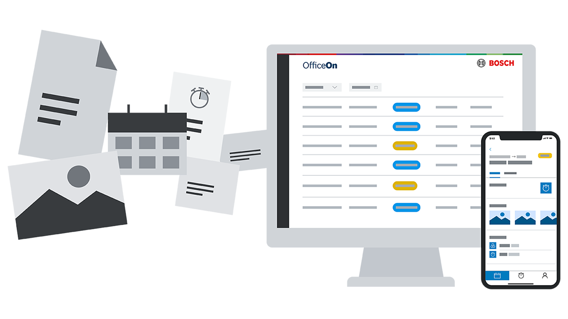 Bosch OfficeOn Software auf Bildschirm, umgeben von Papierunterlagen.