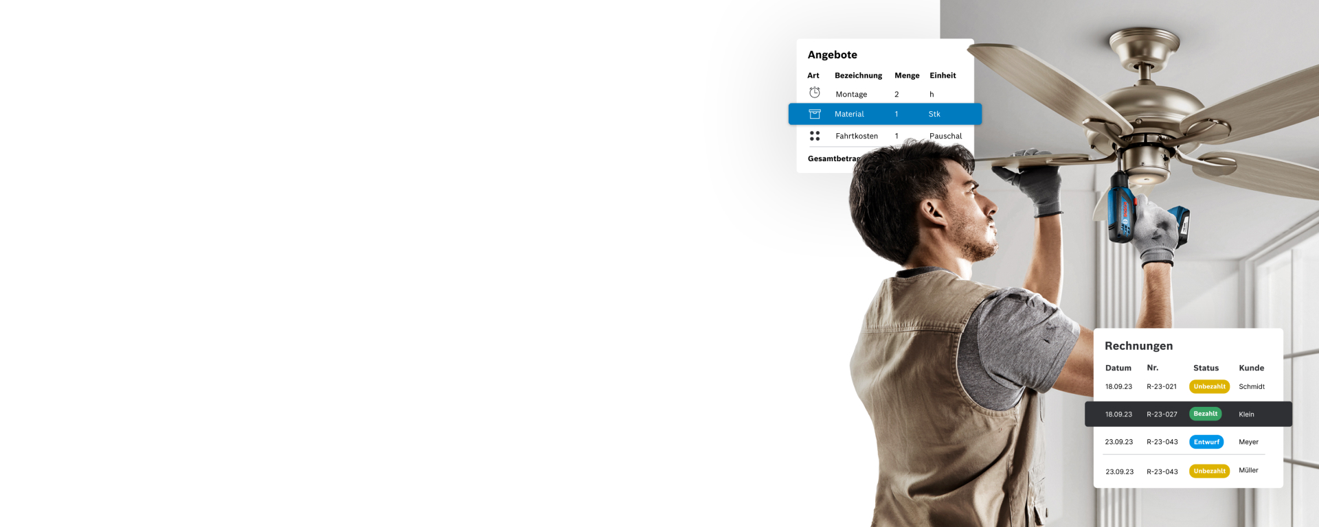 Ein Mann montiert eine Deckenlampe mit einem Bosch Akku-Schrauber.