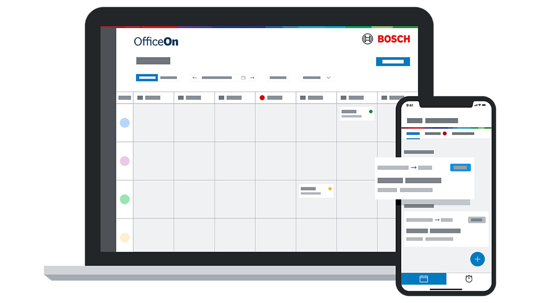 Bosch OfficeOn Software auf Laptop und Smartphone, Kalenderansicht.