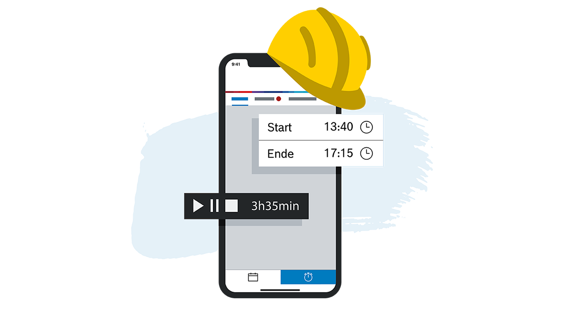 Ein Smartphone mit Zeitanzeige und gelber Bauarbeiterkappe.