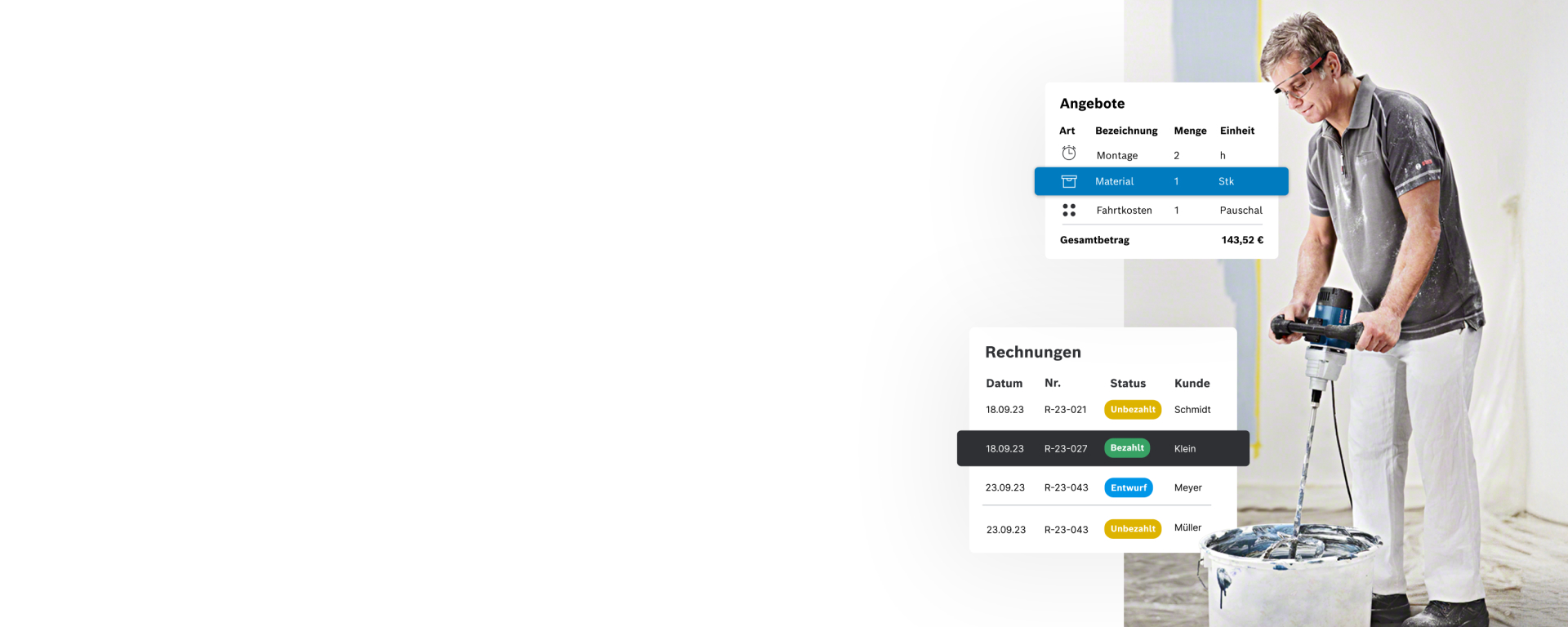 Ein Handwerker mischt Farbe mit einem Bosch Werkzeug über einem Eimer.