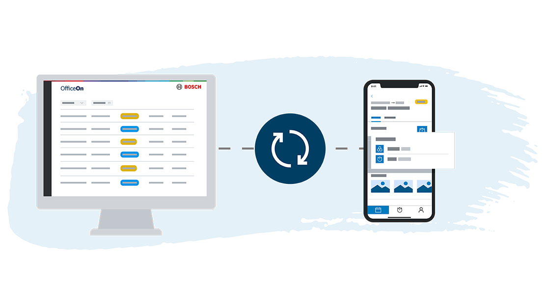 A computer screen and a smartphone display an app from Bosch.