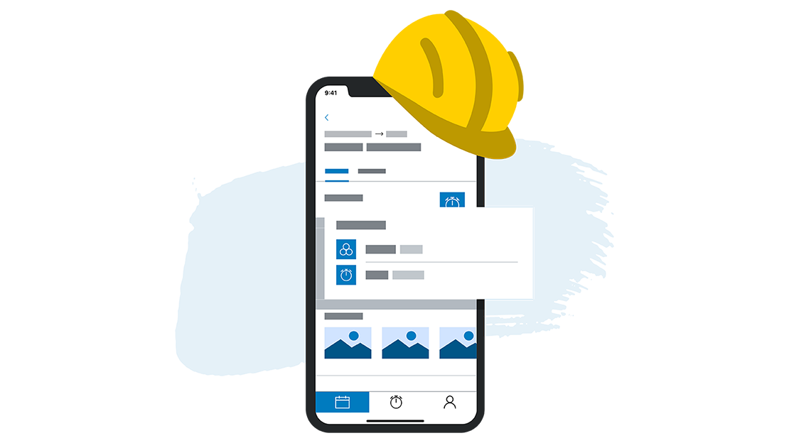 A smartphone with a blue user interface and a yellow headgear.