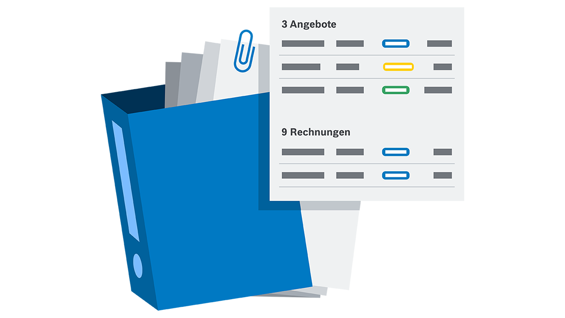 Ein blauer Ordner mit Dokumenten und einer Liste von Angeboten und Rechnungen.