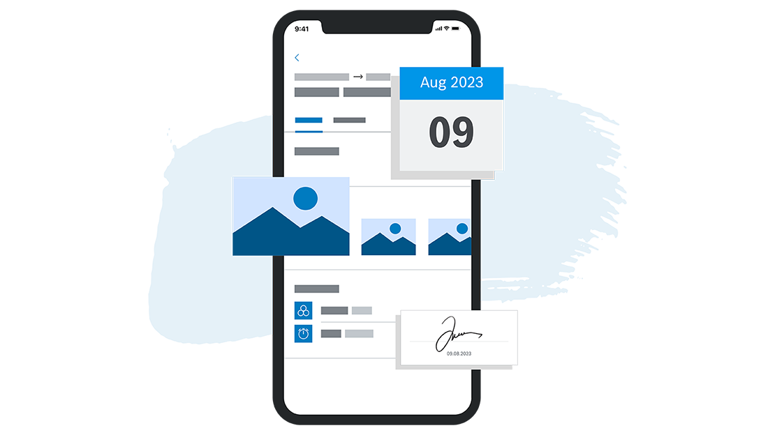 Ein Smartphone zeigt eine App mit Bildern und Kalenderdatum.