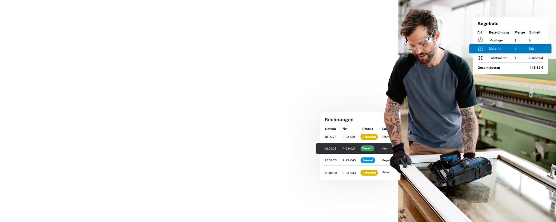 Ein Handwerker arbeitet an einem Fensterrahmen mit einem blauen Bosch Nagler.