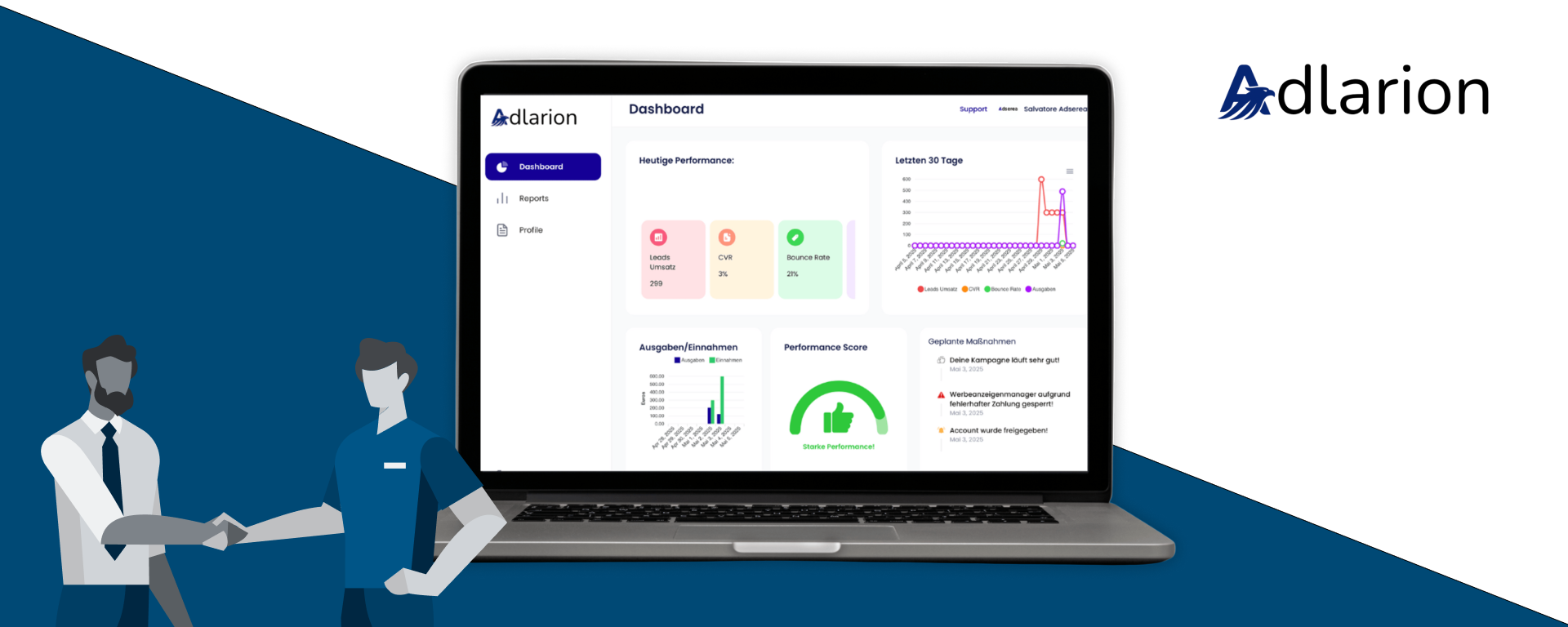Zwei Männer schütteln sich die Hände vor einem Laptop mit Diagrammen.