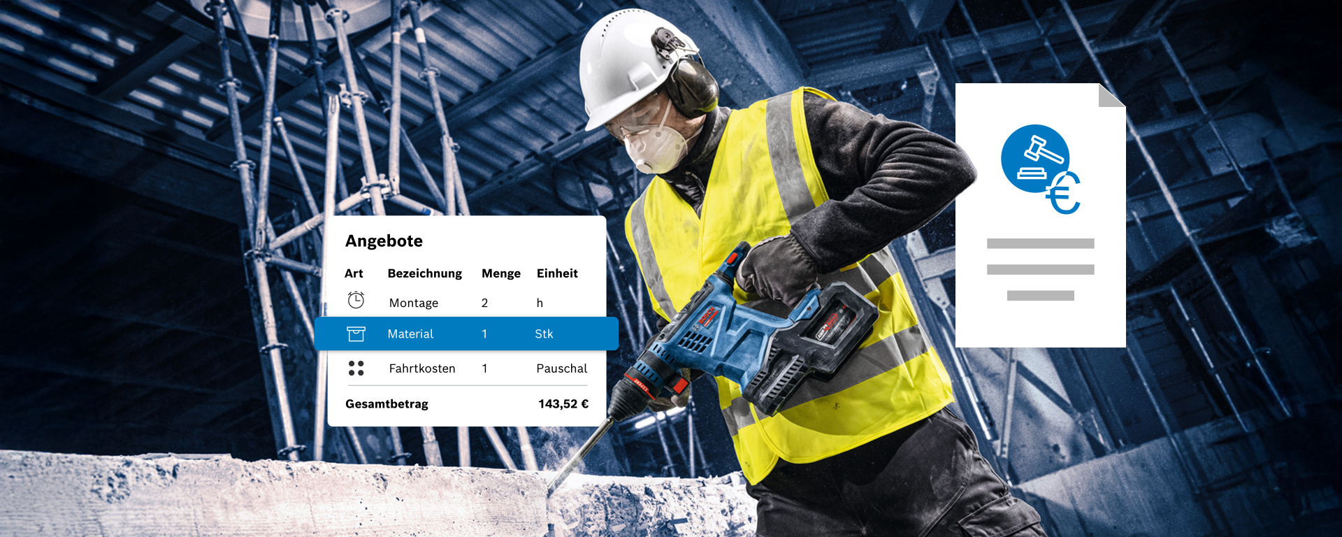 Ein Arbeiter mit gelber Weste nutzt ein Bosch Professional Werkzeug auf Baustelle.