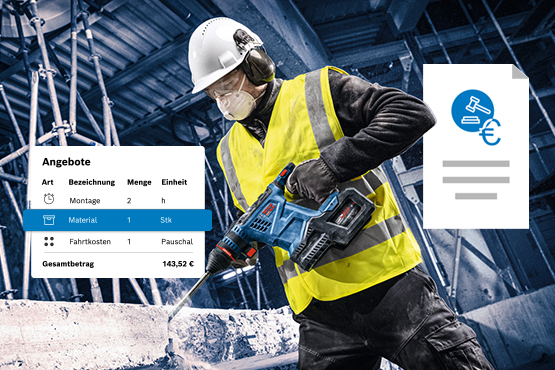 Ein Arbeiter mit Schutzhelm nutzt eine Bosch Professional Bohrmaschine.