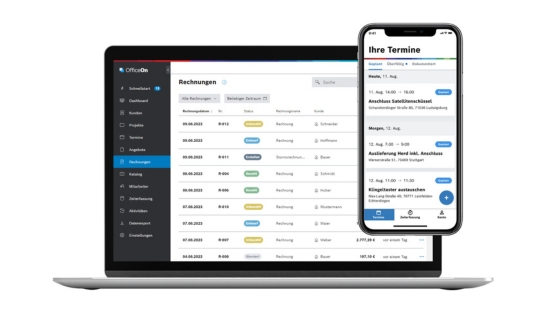 Laptop und Smartphone zeigen eine Terminübersicht und Rechnungen.