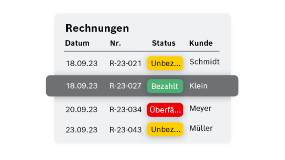 Rechnungsliste mit Datum, Nummer, Status und Kunden, grün markiert.