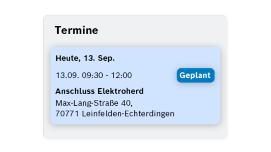 Terminübersicht: Elektroherd-Anschluss am 13. Sep., 09:30-12:00.