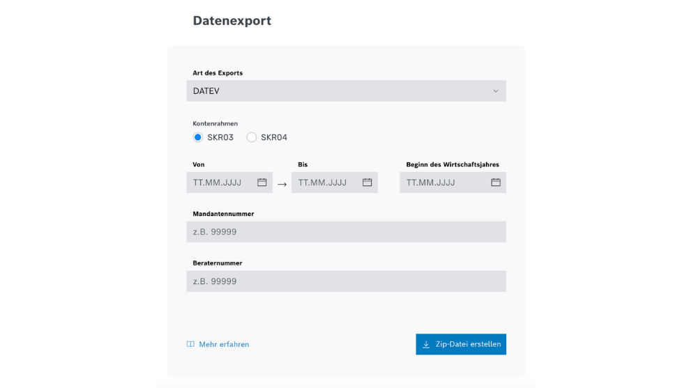 Eine Benutzeroberfläche zur Erstellung eines DATEV-Datenexports.
