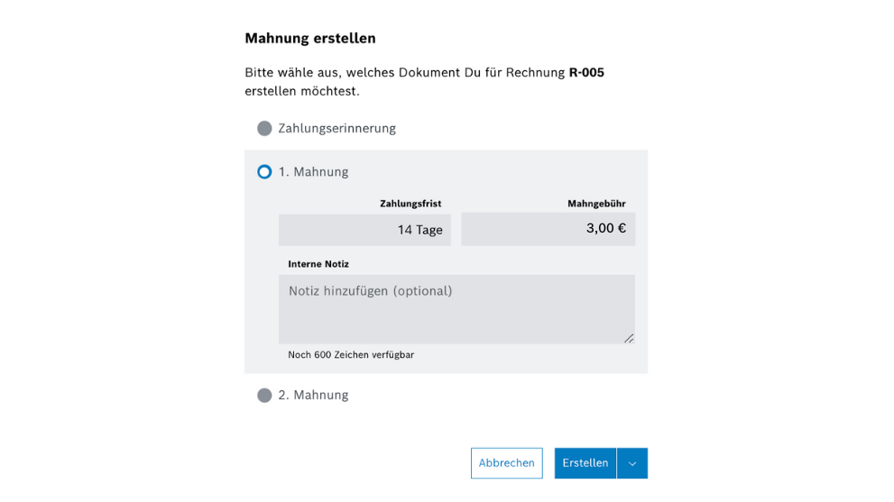 Eine Benutzeroberfläche zur Erstellung einer Mahnung mit Eingabefeldern.