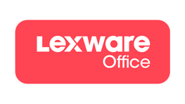 Logo von Lexware Office in Rot und Weiß, modern und klar gestaltet.